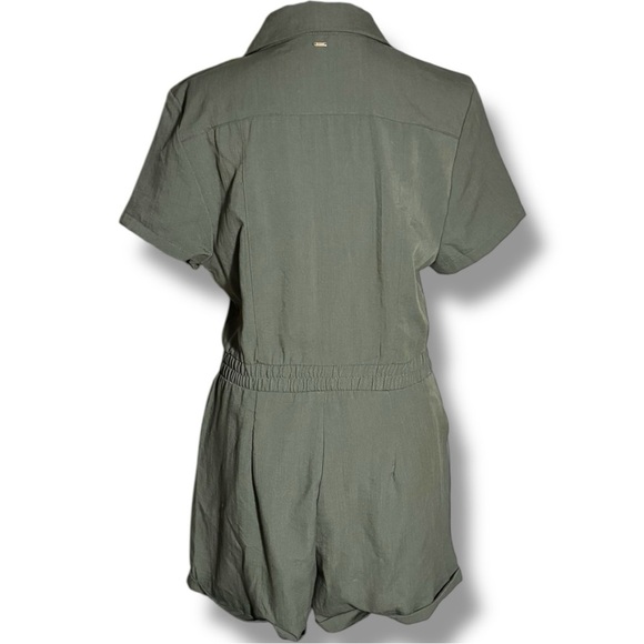 Guess Olive Green Military Style Rolled Hem Gold Zip Front Pockets Romper - Picture 11 of 16